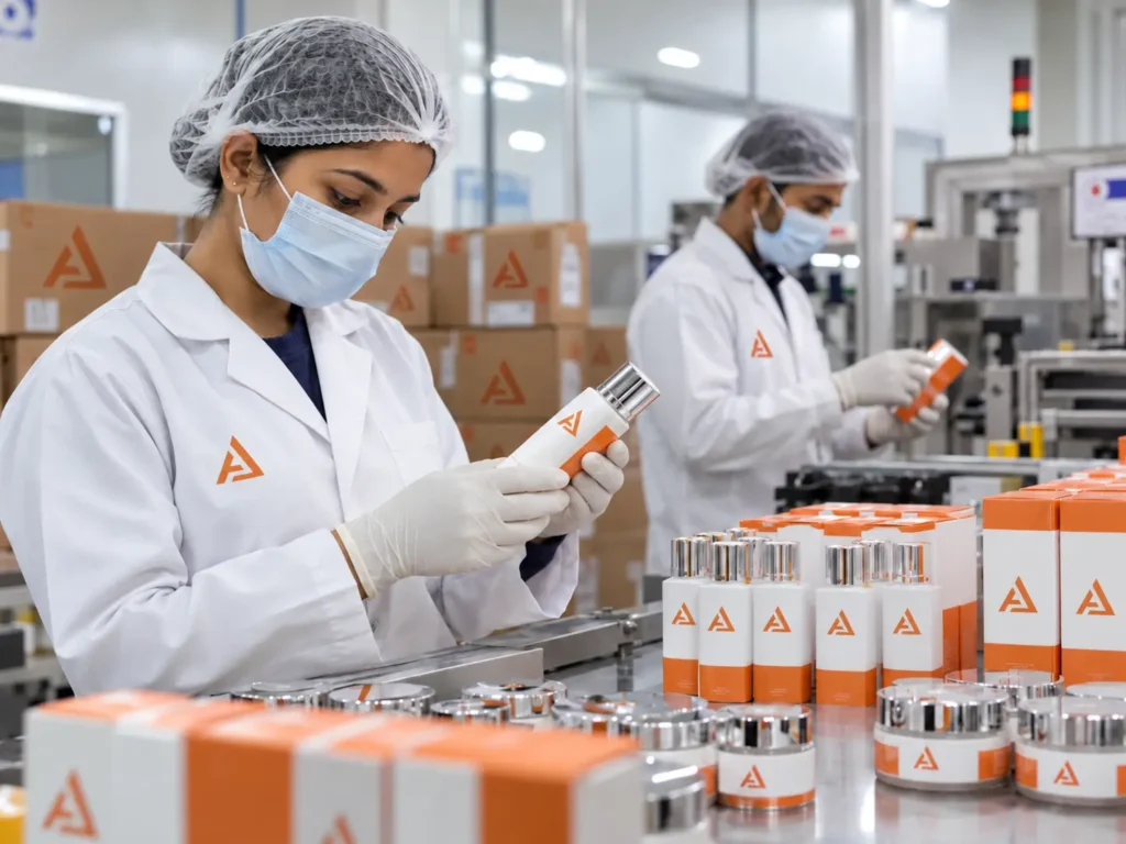 Packaging quality check on filled cosmetic products before bulk production