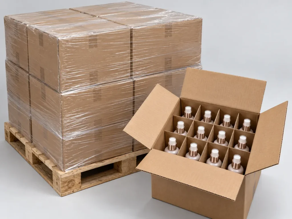Tertiary packaging for cosmetics including master cartons, dividers and pallets